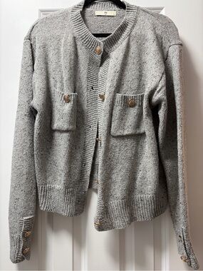 Textured Gray Wool-Blend Cardigan with Gold Buttons